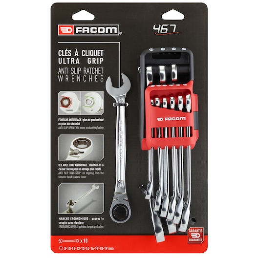 Reversible Ratchet Wrench Set, 10 pieces (8 to 19mm) - Holder