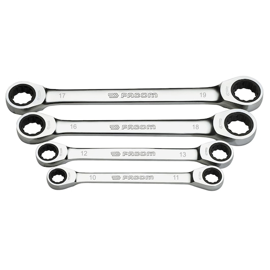 Straight double box-end ratchet wrench, 4 pieces (10 to 19 mm)