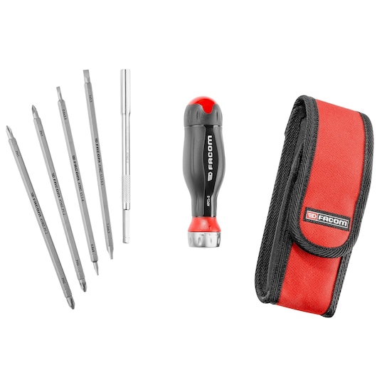 PROTWIST® 3 in 1 ratchet blade handle with 5 blades set in pouch, 1/4"