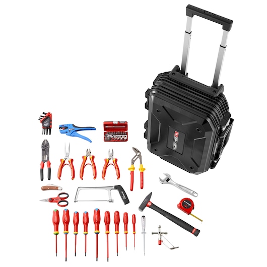 56-piece set of electricians tools with rolling case
Composition électricien de 56 outils dans valise à roulette